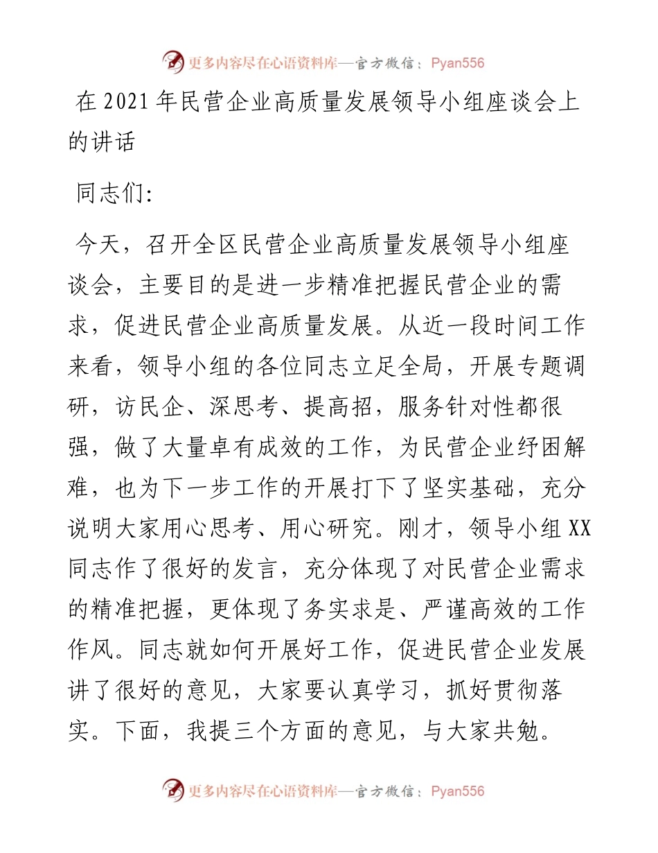领导在民营企业高质量发展领导小组座谈会上的讲话发言材料.docx_第1页