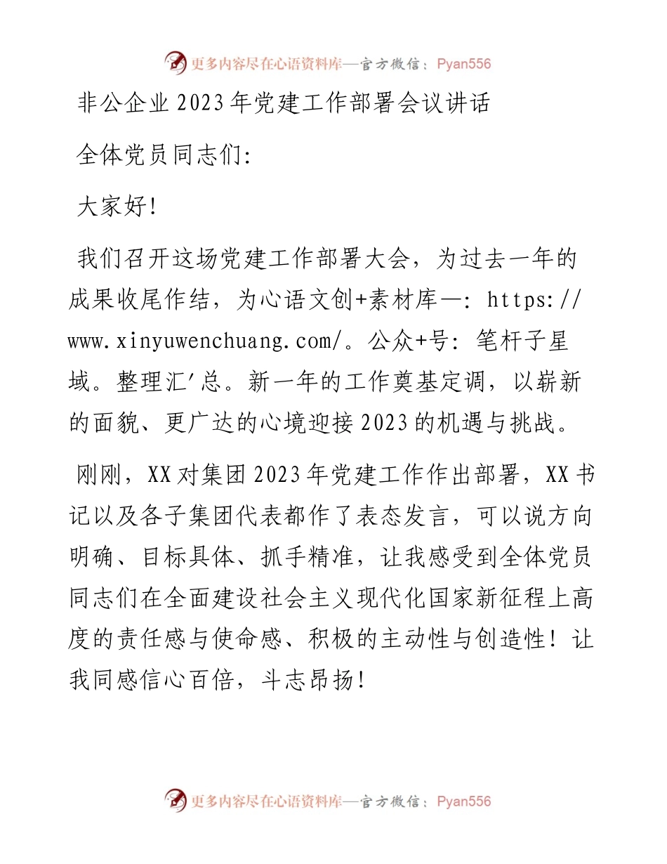 非公企业2023年党建工作部署会议讲话.docx_第1页