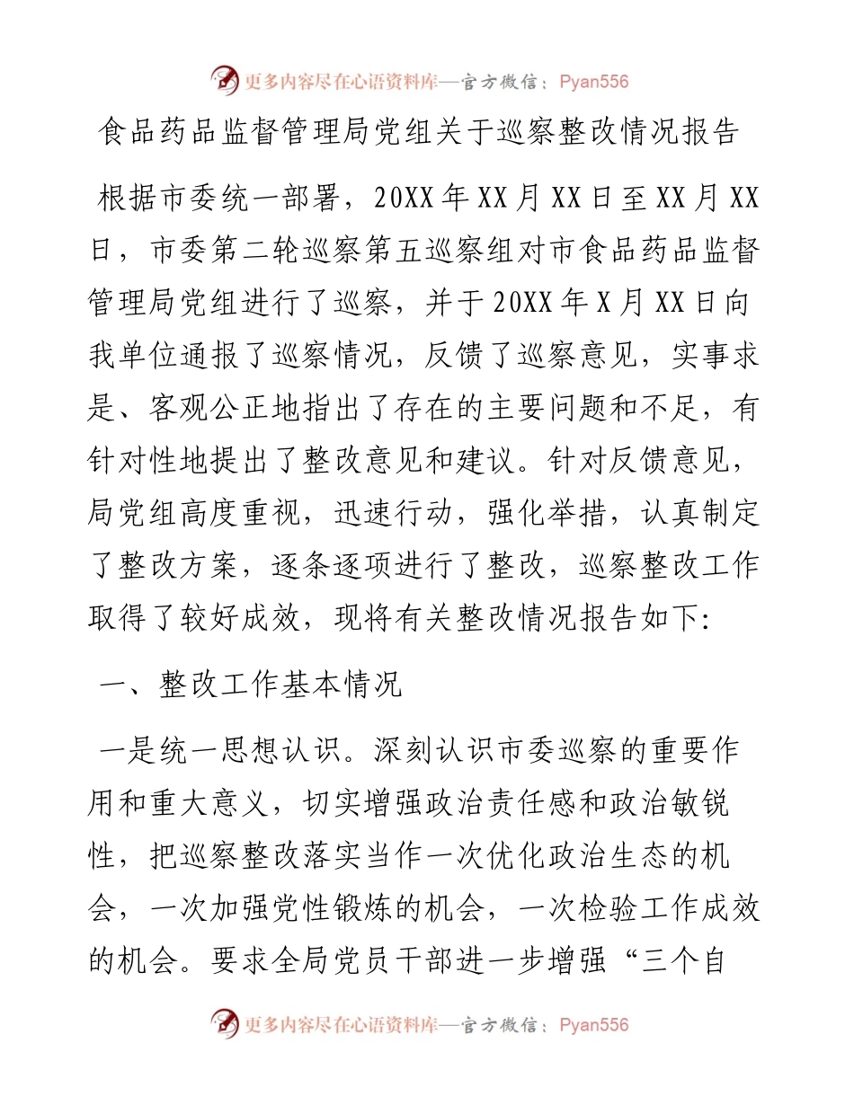 食品药品监督管理局党组关于巡察整改情况报告.docx_第1页
