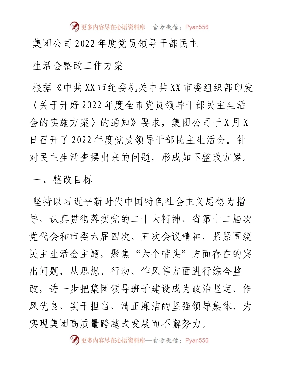集团公司度党员领导干部民主生活会整改工作方案.docx_第1页