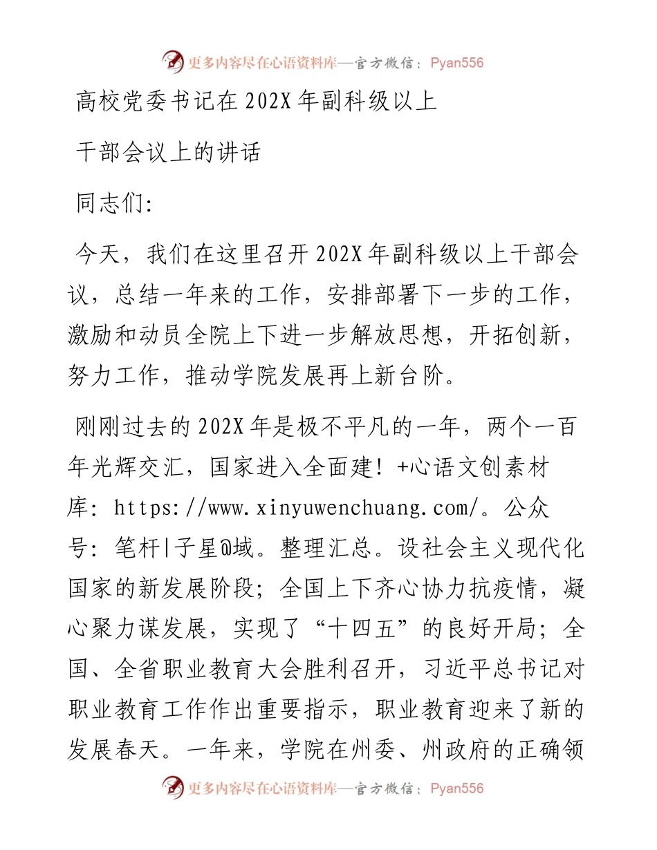 高校党委书记在202X年副科级以上干部会议上的讲话.docx_第1页