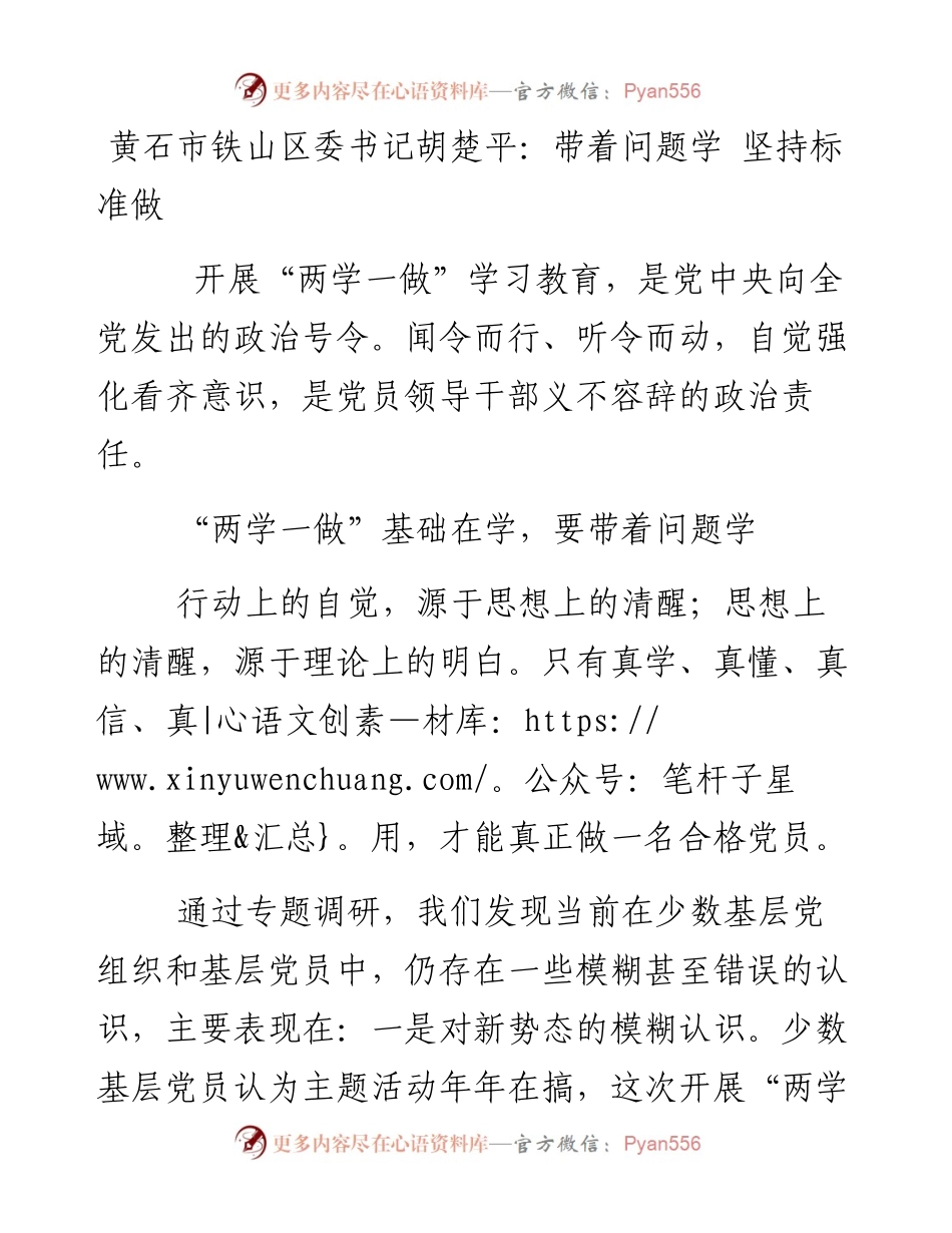 黄石市铁山区委书记胡楚平：带着问题学 坚持标准做.docx_第1页
