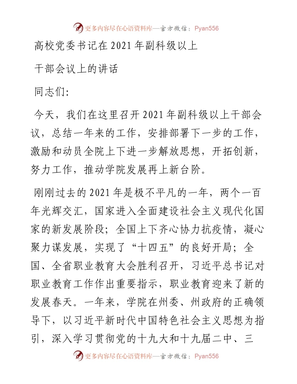 高校党委书记在副科级以上干部会议上的讲话.docx_第1页