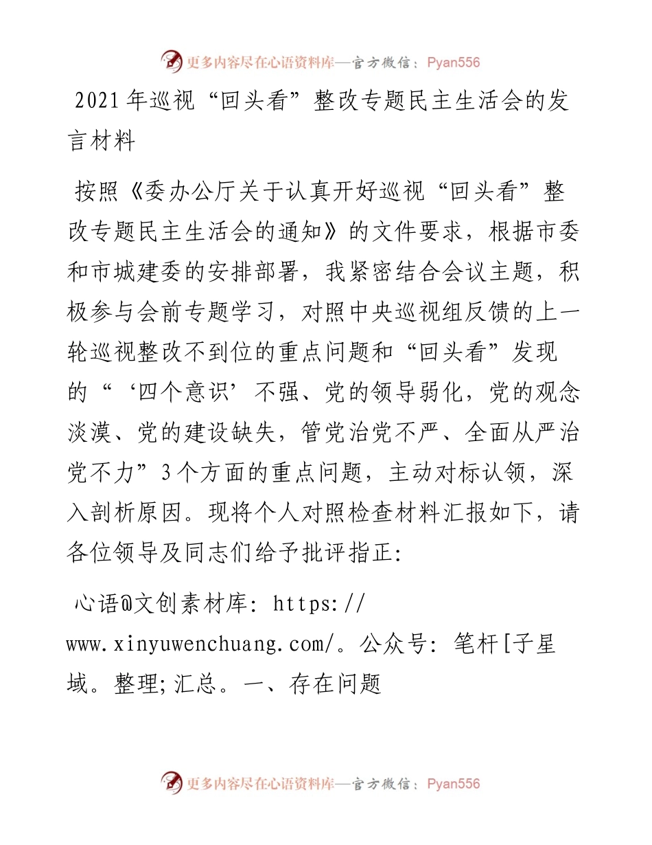 领导干部巡视“回头看”整改专题民主生活会的发言材料.docx_第1页