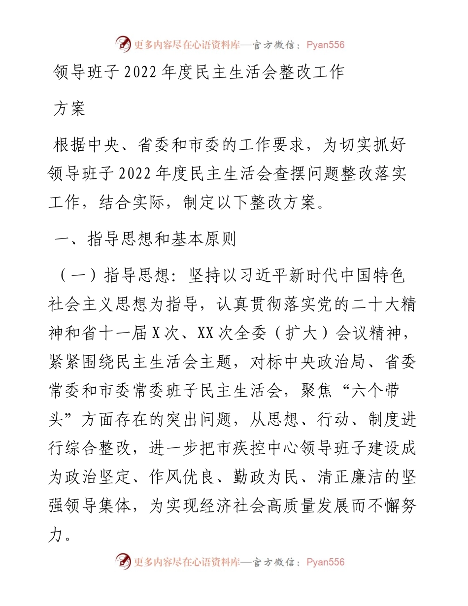 领导班子度民主生活会整改工作方案.docx_第1页