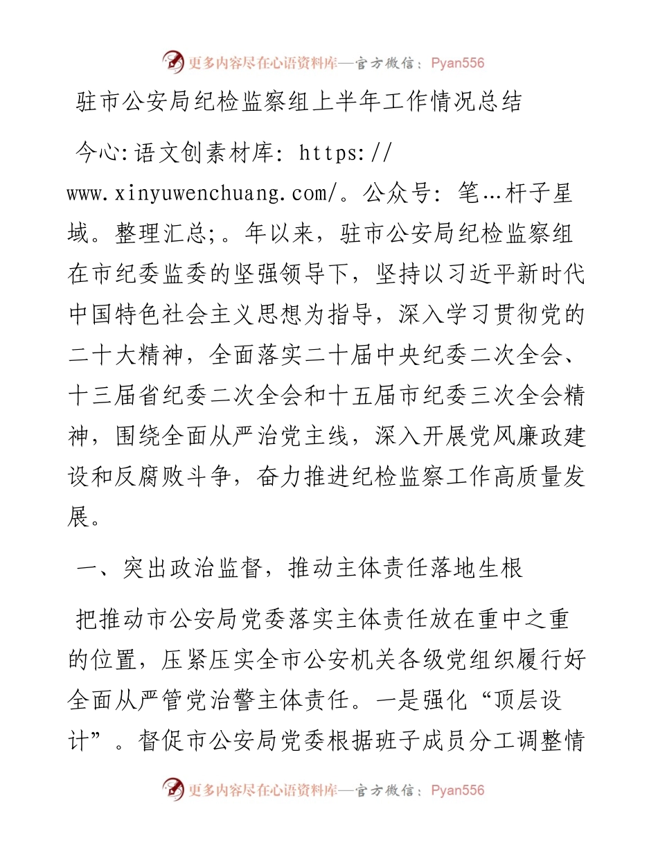 驻市公安局纪检监察组上半年工作情况总结.docx_第1页