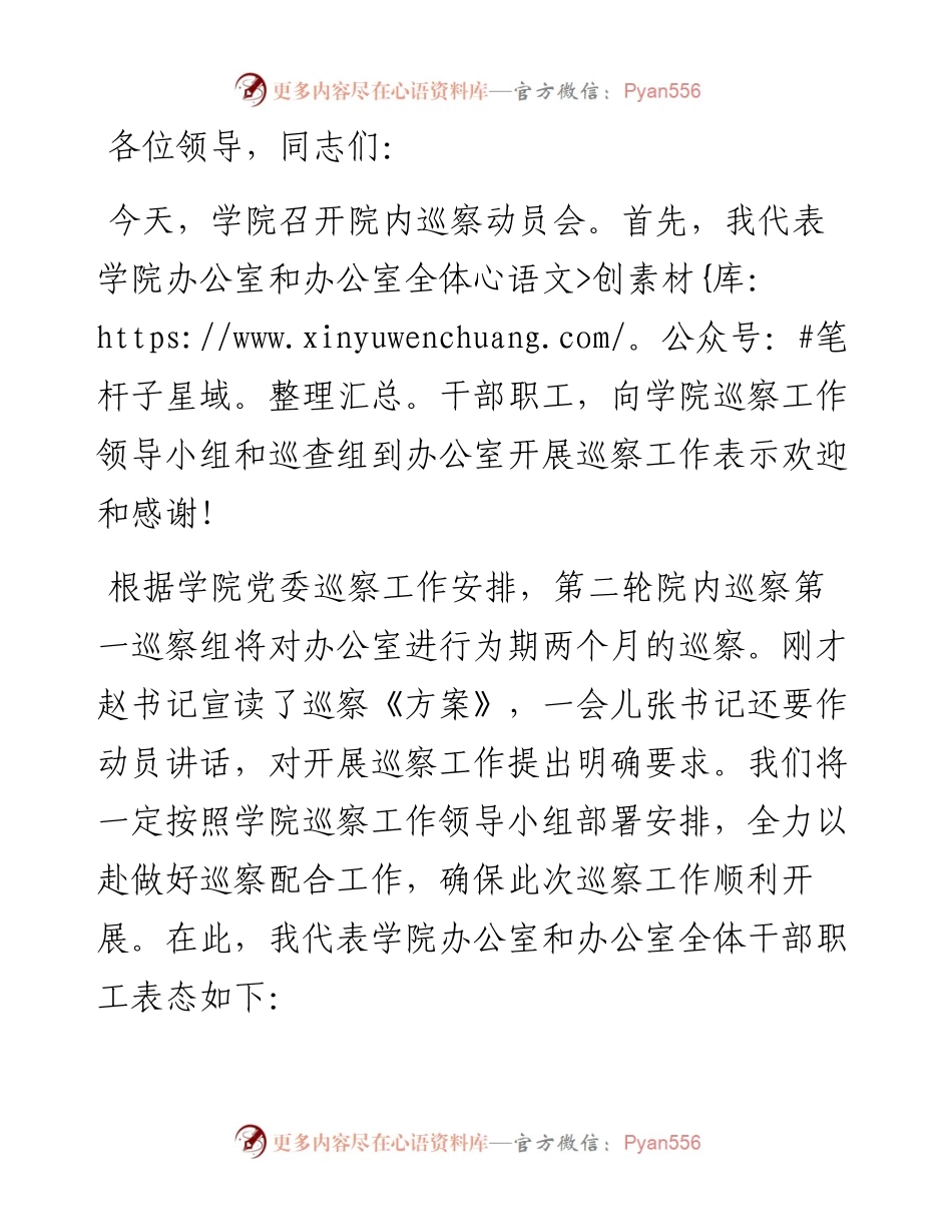 高校党政办在院内巡察动员会上的表态发言.docx_第1页