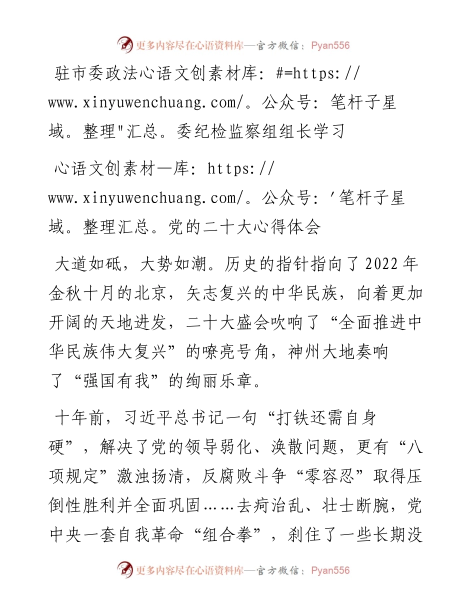 驻市委政法委纪检监察组组长学习党的二十大心得体会（2篇）.docx_第1页