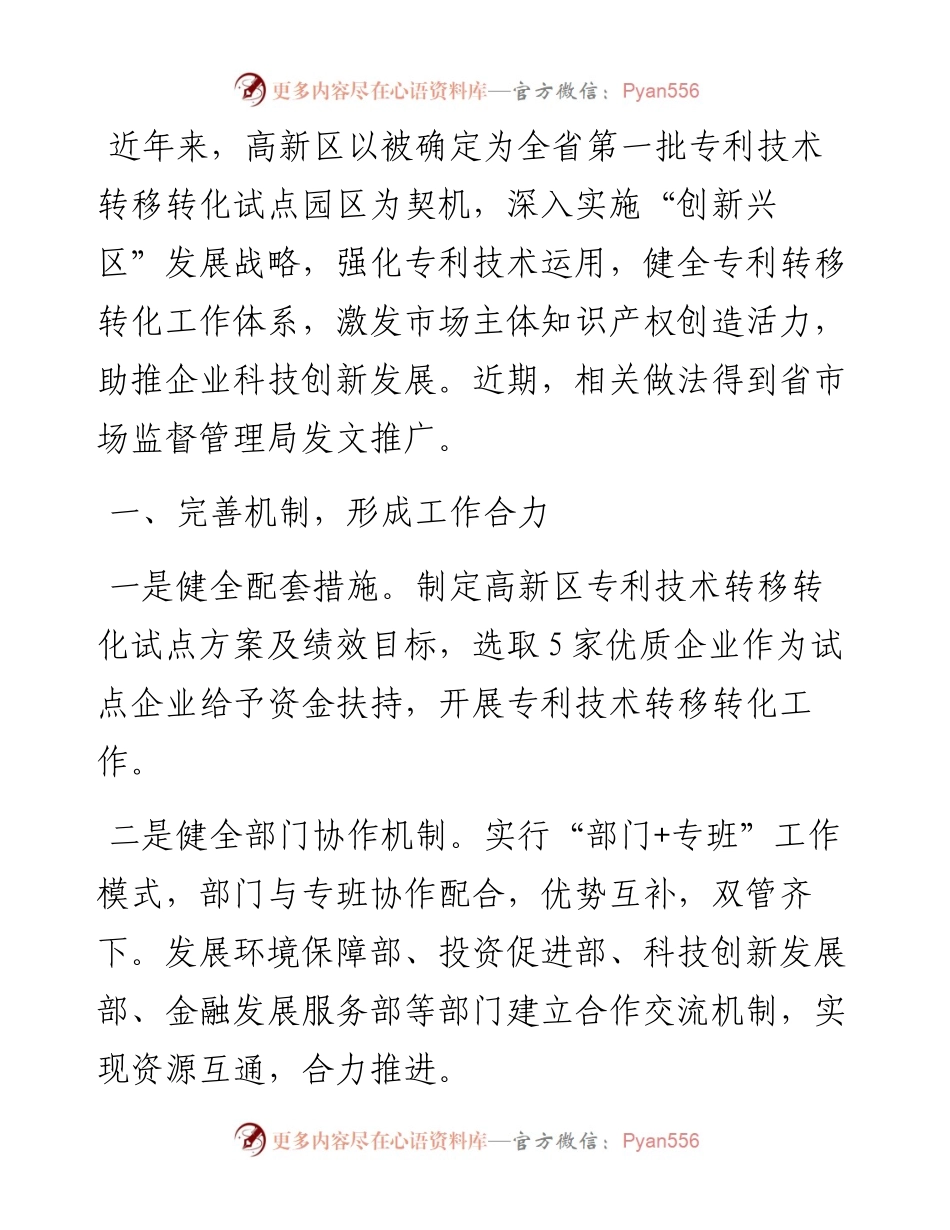 高新区专利技术转移转化试点工作情况汇报.docx_第1页