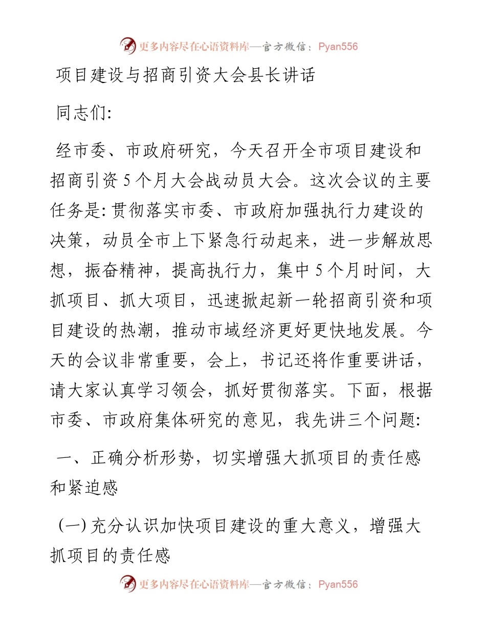 项目建设与招商引资大会县长讲话.docx_第1页