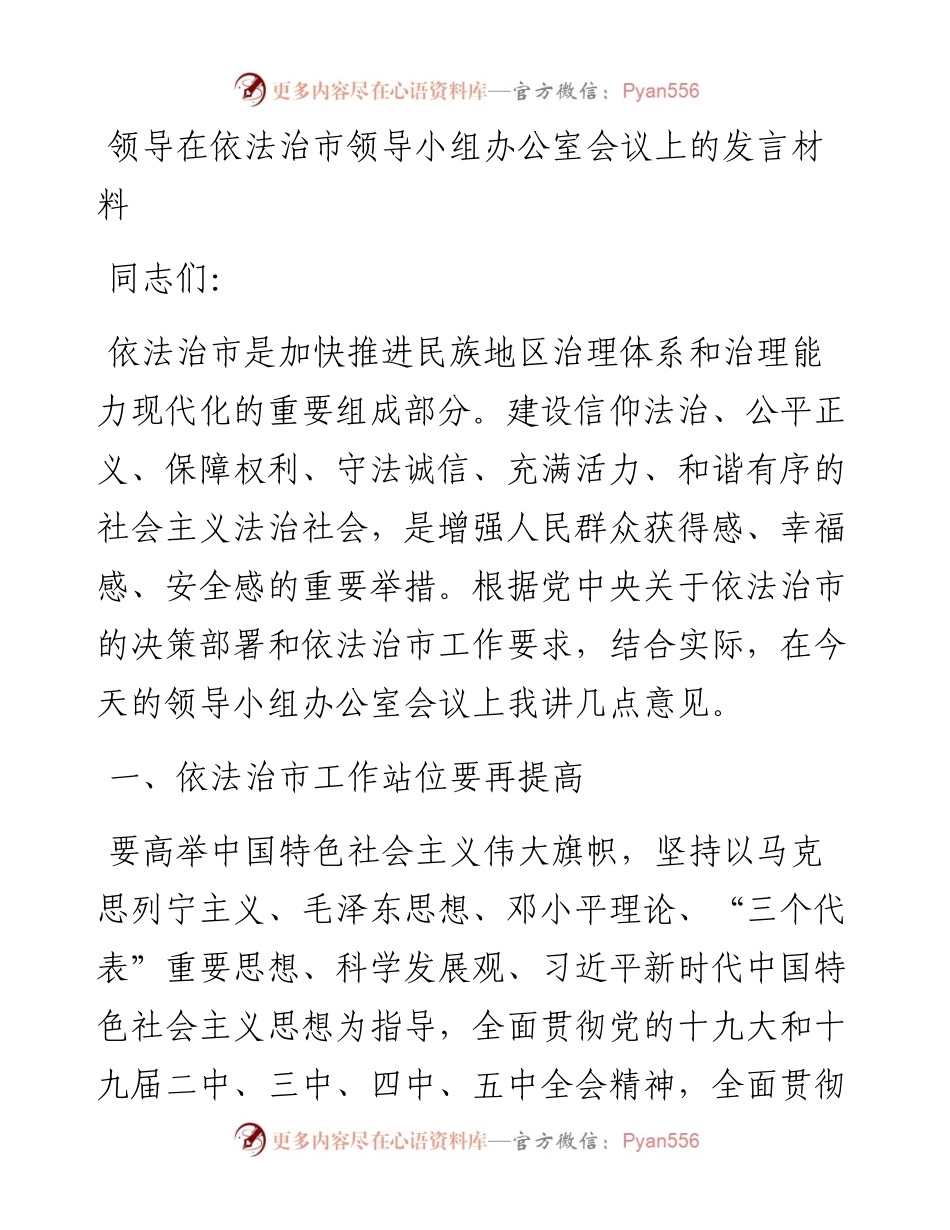 领导在依法治市领导小组办公室会议上的发言材料.docx_第1页