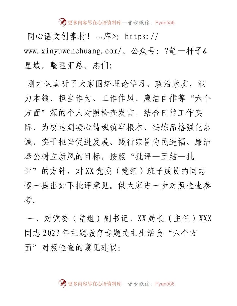 领导干部在2023年主题教育专题民主生活会上对其他班子成员的批评意见（＋具体案例）.docx_第1页