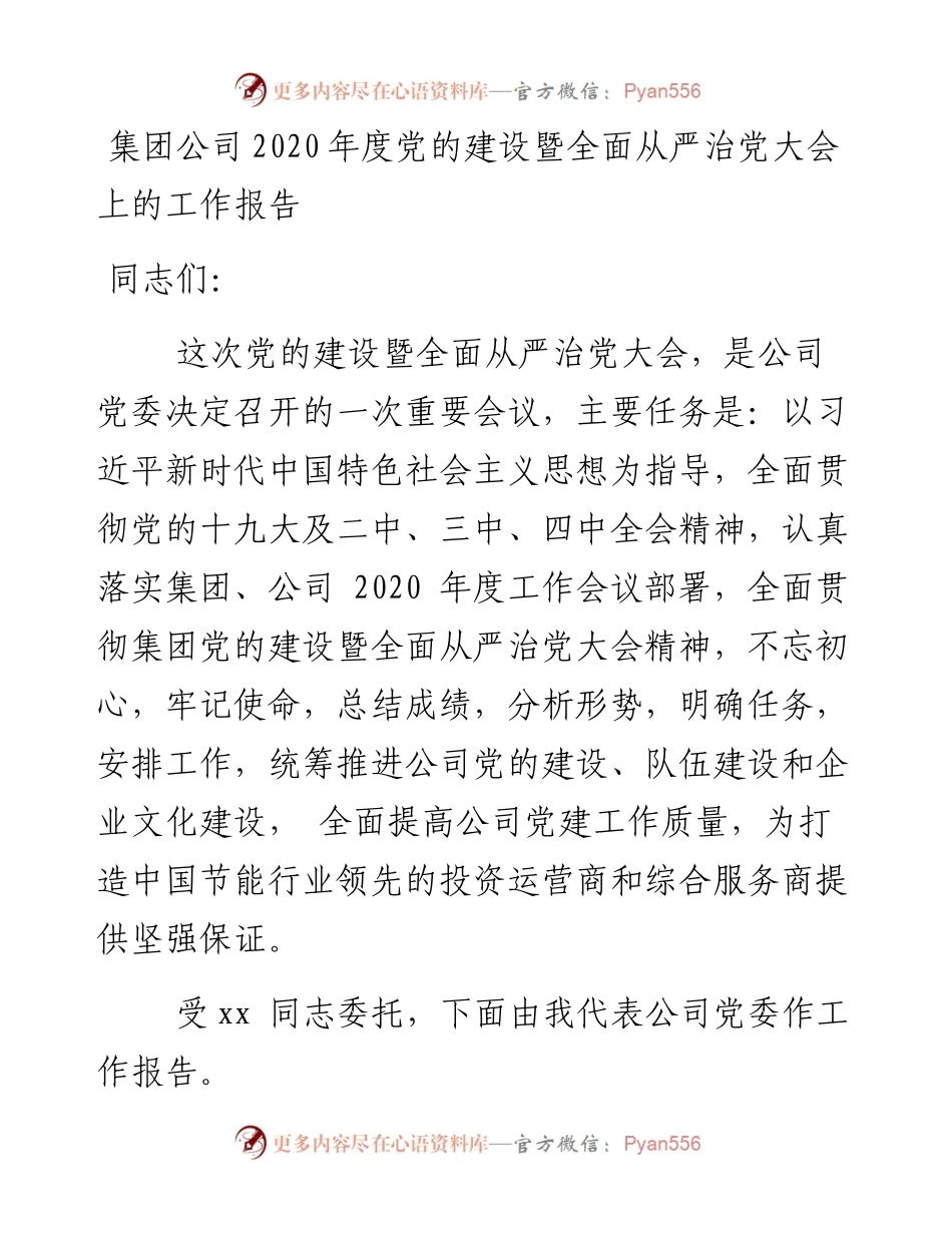 集团公司度党的建设暨全面从严治党大会工作报告.docx_第1页