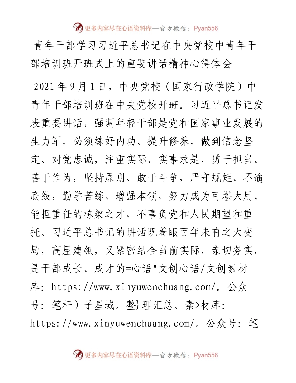 青年干部学习总书记在中央党校中青年干部培训班开班式上的重要讲话精神心得体会.docx_第1页