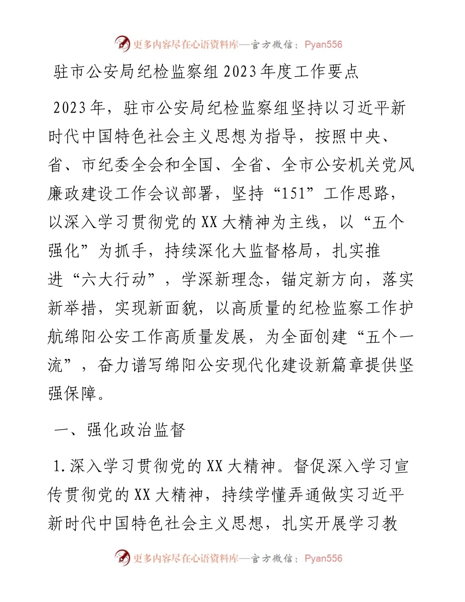 驻市公安局纪检监察组2023年度工作要点.docx_第1页