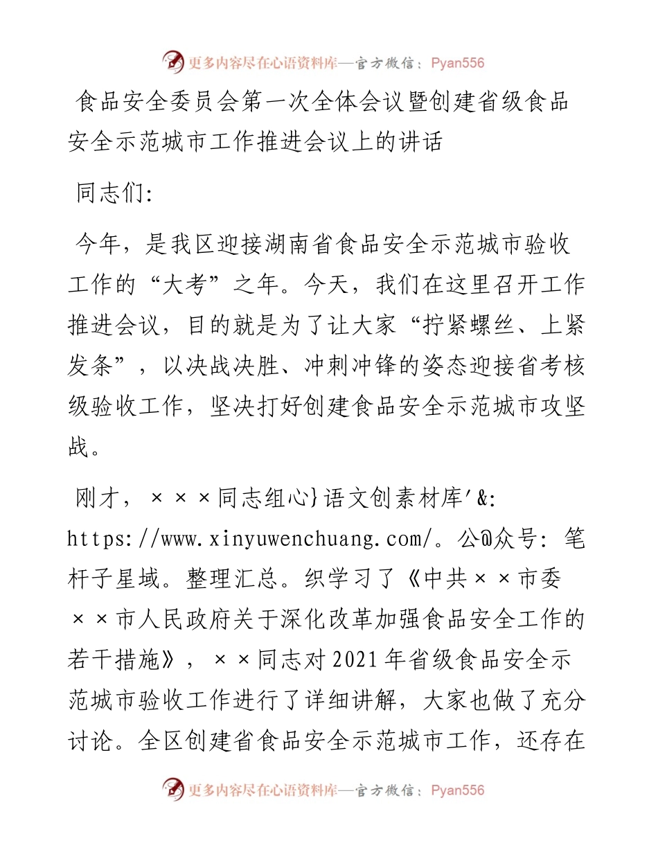 食品安全委员会第一次全体会议暨创建省级食品安全示范城市工作推进会议上的讲话(1).docx_第1页