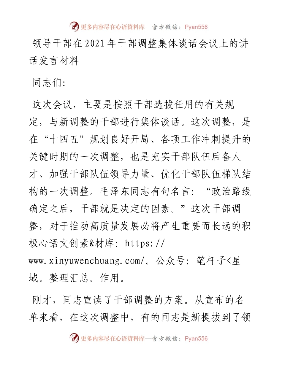 领导干部在干部调整集体谈话会议上的讲话发言材料.docx_第1页