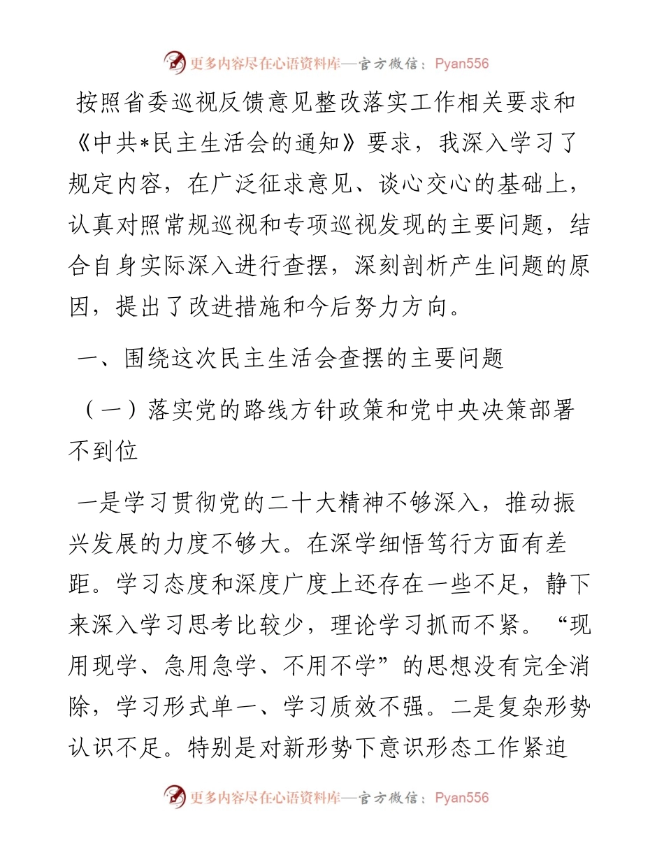 领导干部巡视整改专题民主生活会党员个人发言提纲.docx_第1页