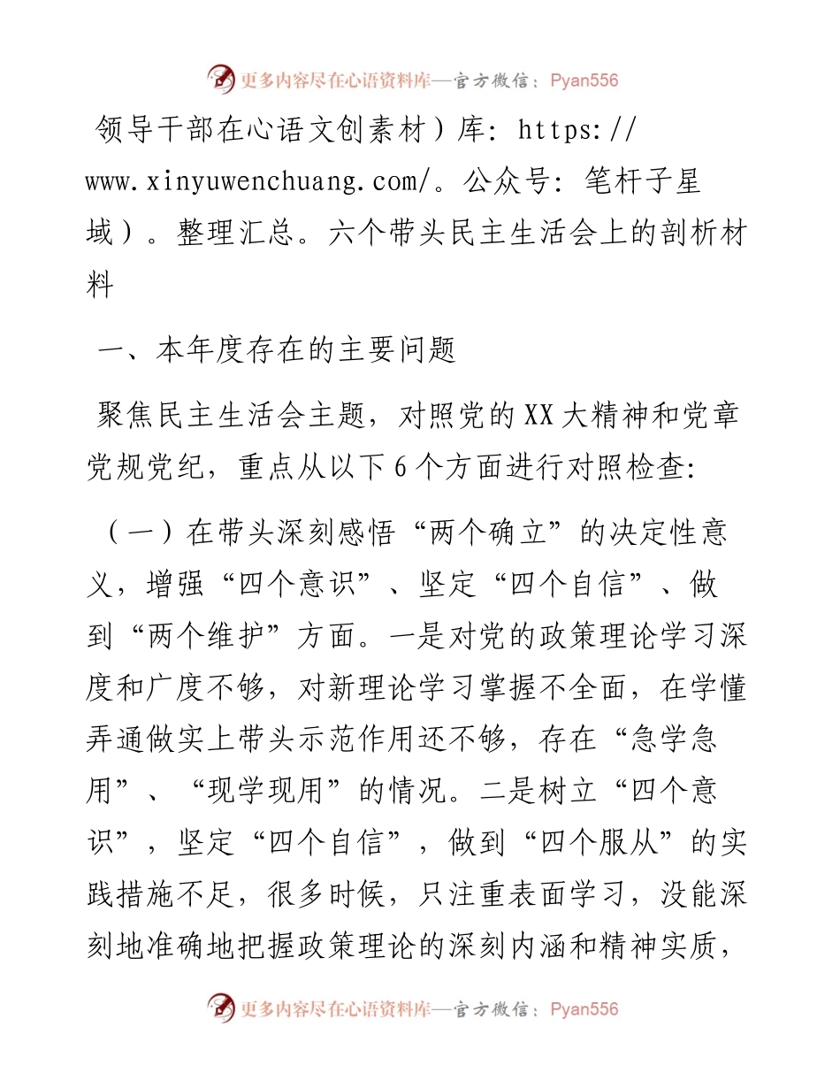 领导干部在六个带头民主生活会上的剖析材料.docx_第1页