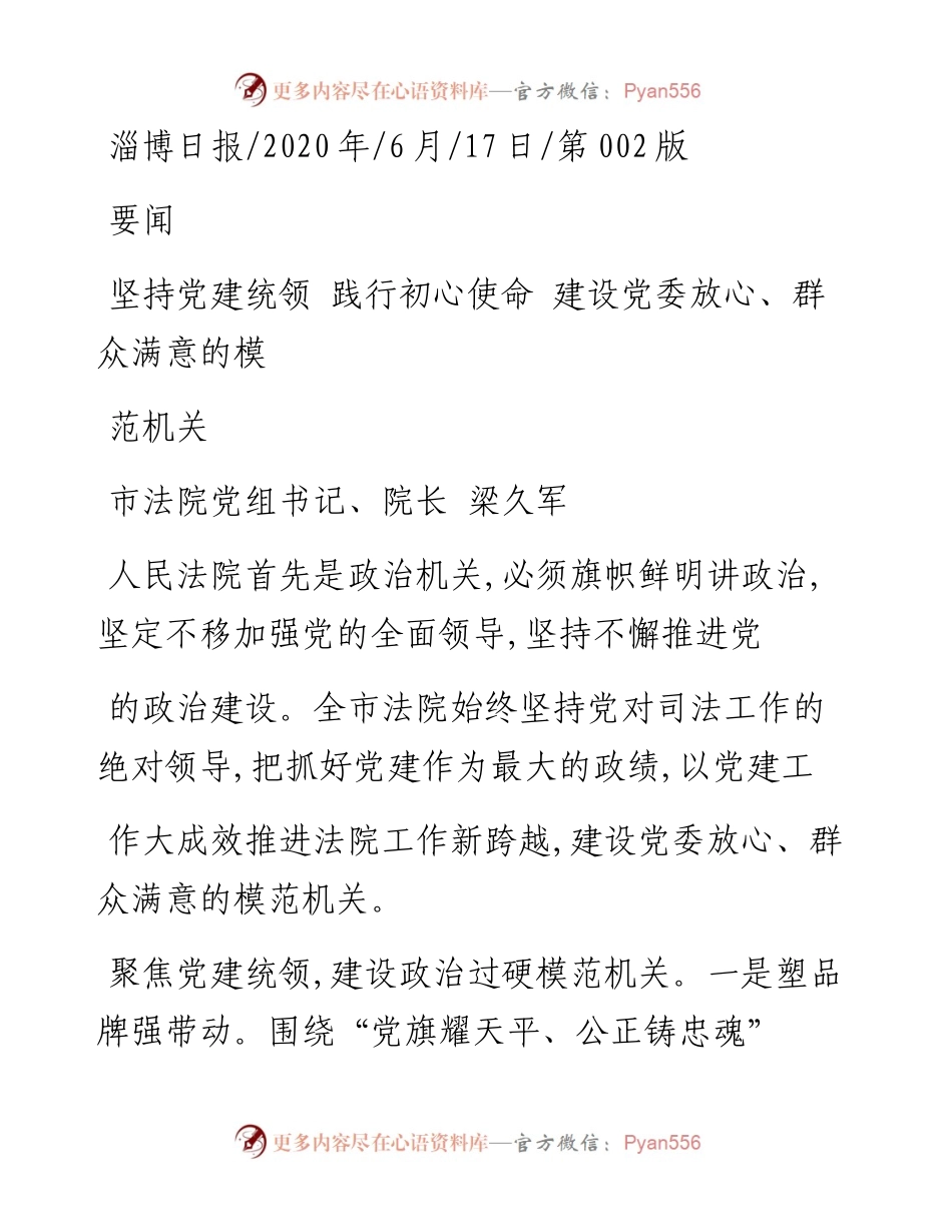 .06.17市法院党组书记、院长梁久军：坚持党建统领践行初心使命建设党委放心、群众满意的模范机关.docx_第1页