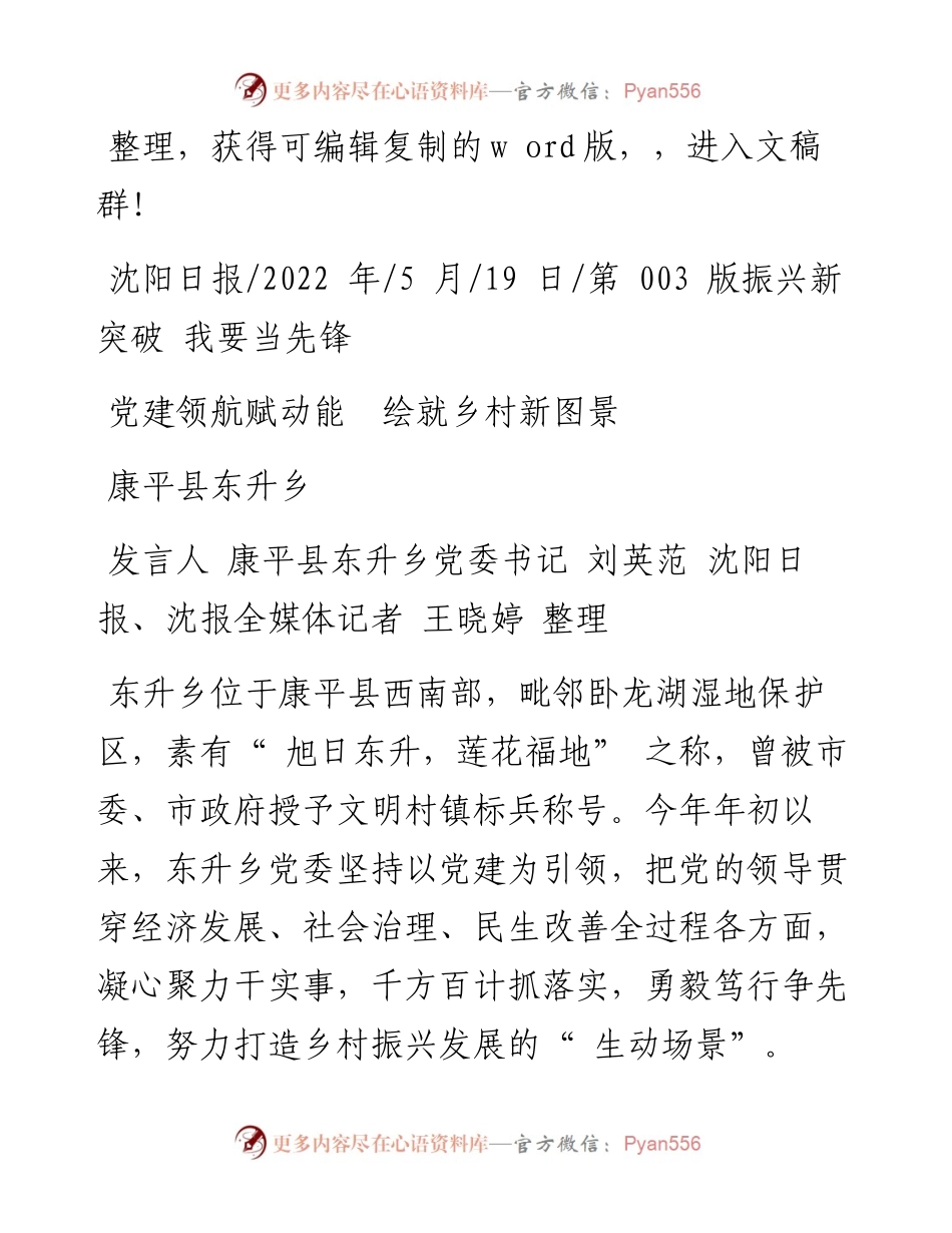 .05.19发言人康平县东升乡党委书记刘英范：党建领航赋动能绘就乡村新图景.docx_第1页