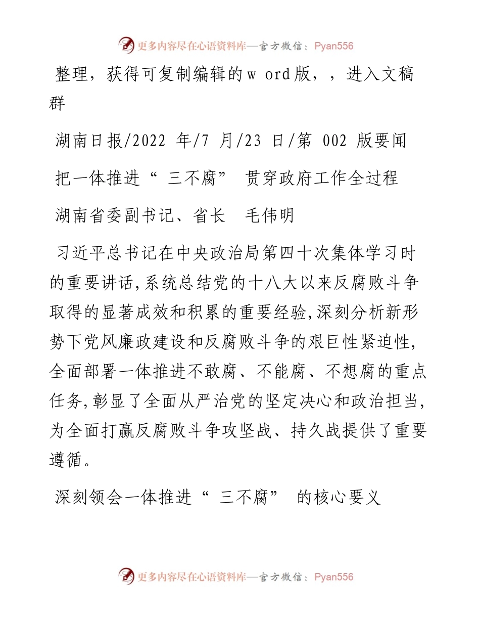 .07.23湖南省委副书记、省长毛伟明：把一体推进三不腐贯穿政府工作全过程.docx_第1页