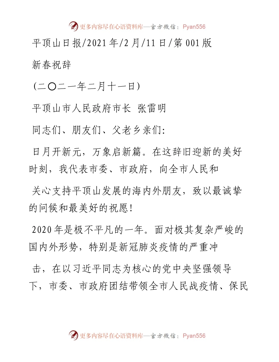 .02.11平顶山市人民政府市长张雷明：新春祝辞——如椽巨笔1公众号整理.docx_第1页