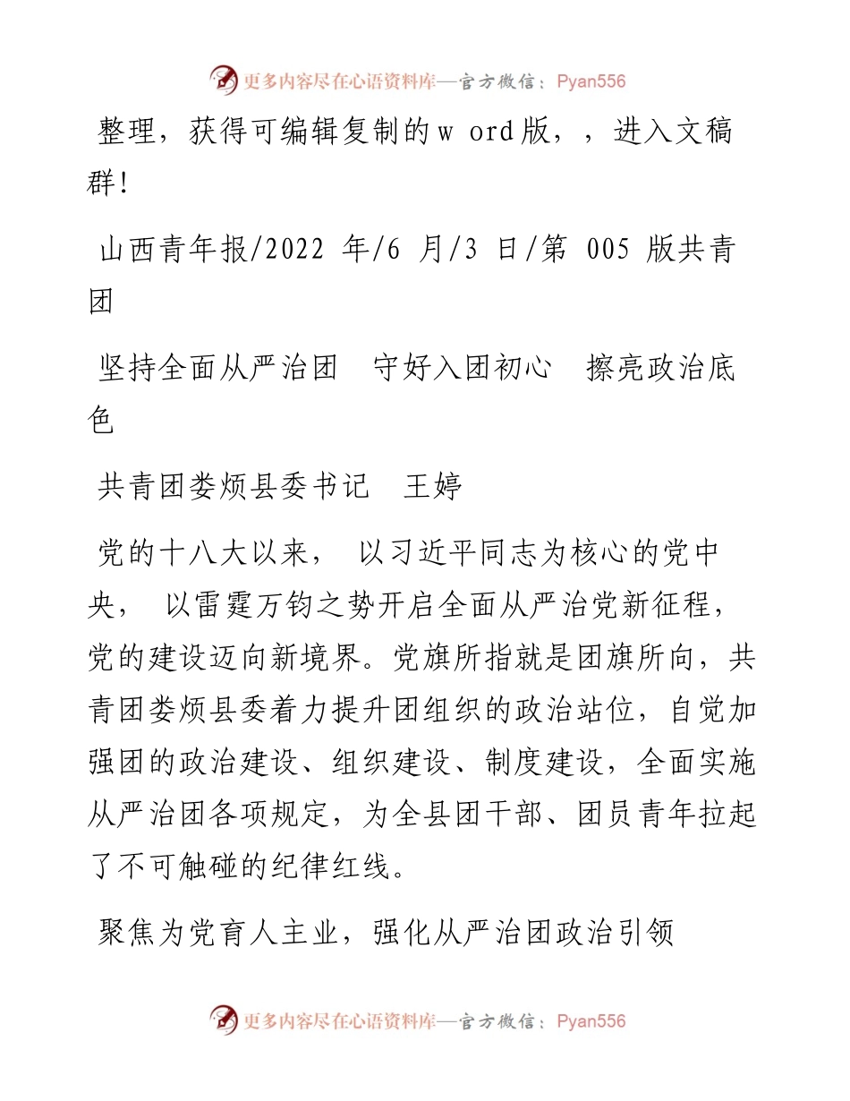 .06.03共青团娄烦县委书记王婷：坚持全面从严治团守好入团初心擦亮政治底色.docx_第1页