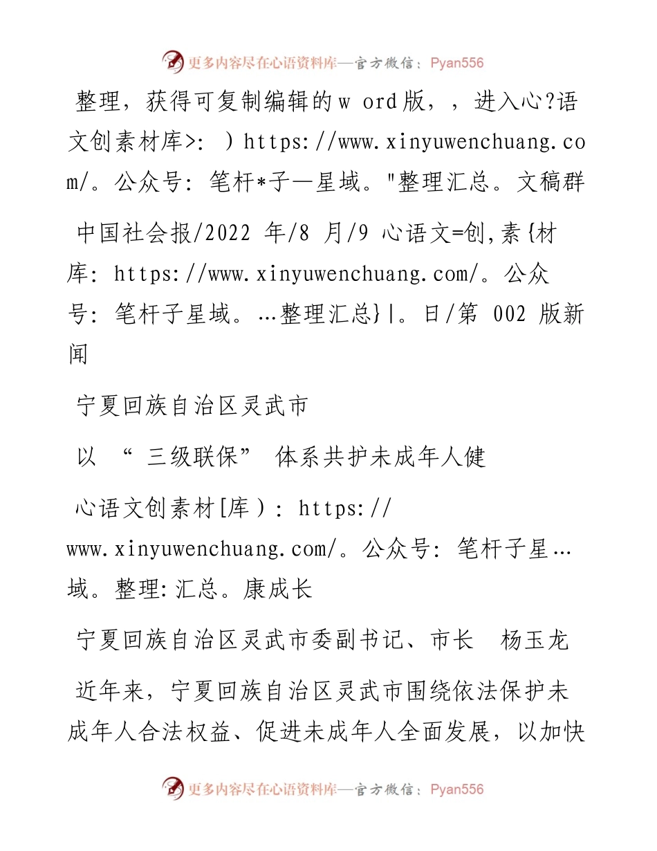 .08.09市长杨玉龙：宁夏回族自治区灵武市以三级联保体系共护未成年人健康成长.docx_第1页