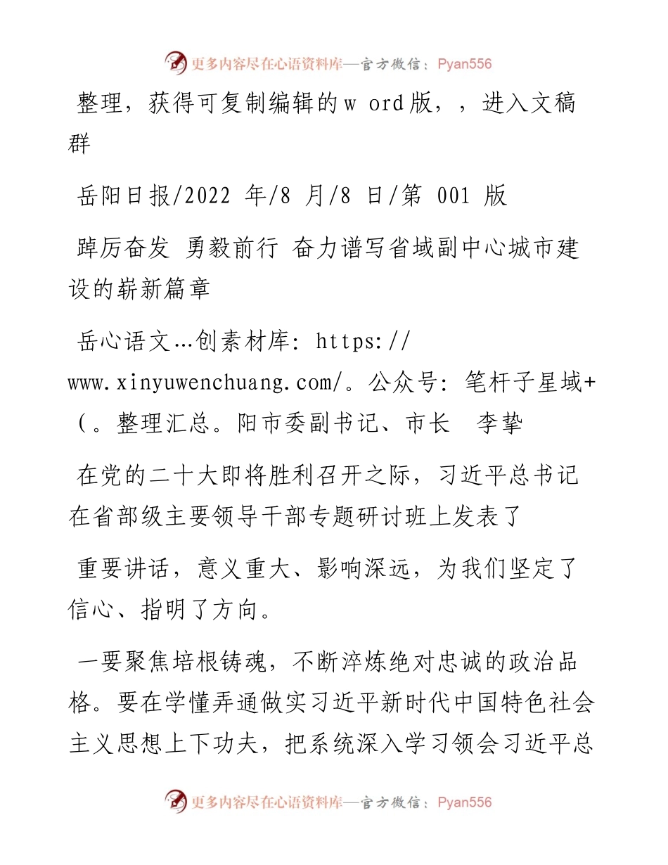 .08.08岳阳市委副书记、市长李挚：踔厉奋发勇毅前行奋力谱写省域副中心城市建设的崭新篇章.docx_第1页