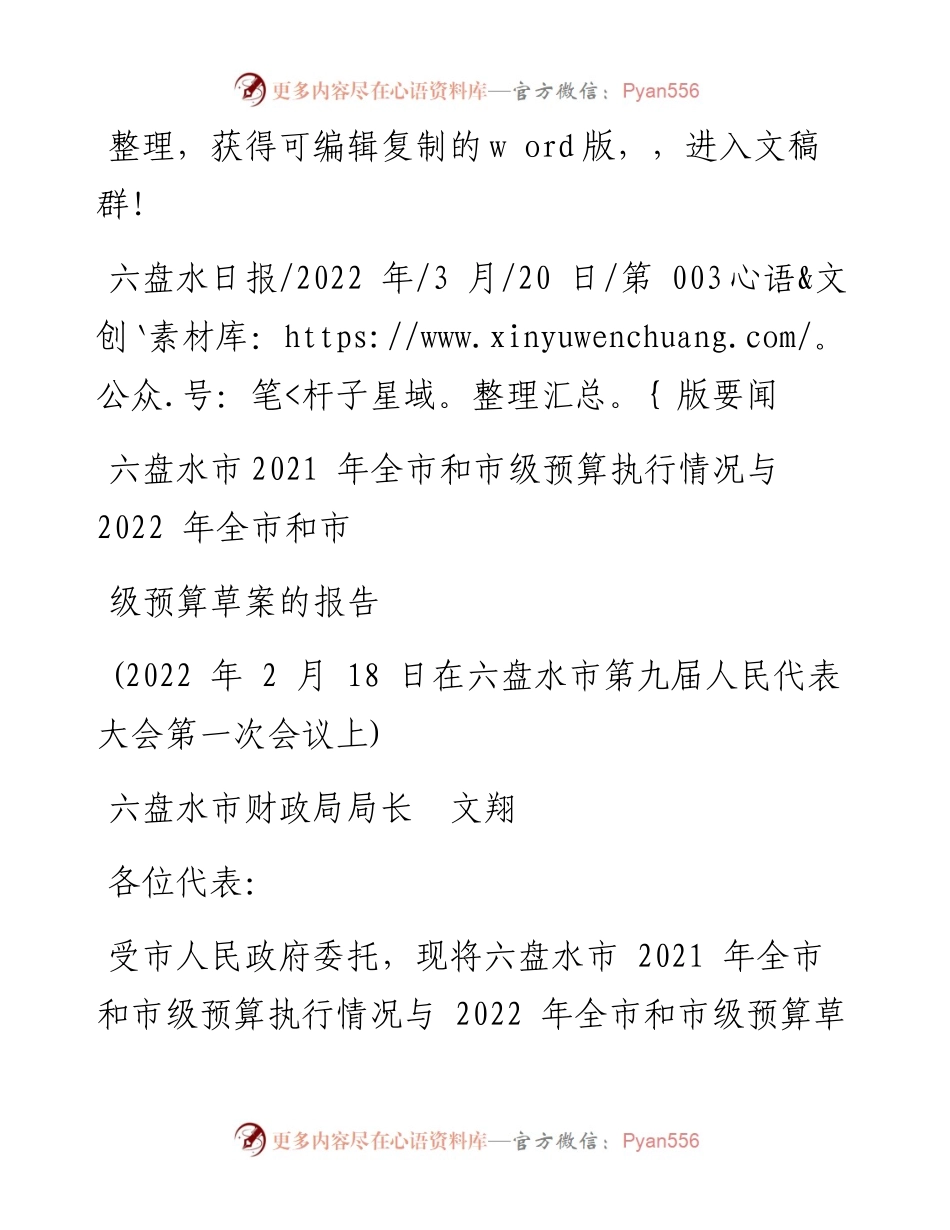 .03.20六盘水市财政局局长：六盘水市全市和市级预算执行情况与全市和市级预算草案的报告.docx_第1页