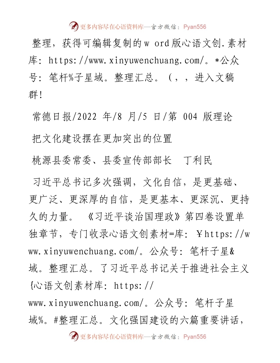 .08.05桃源县委常委、县委宣传部部长丁利民：把文化建设摆在更加突出的位置.docx_第1页