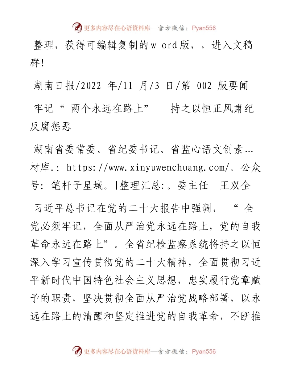 .11.03湖南省委常委、省纪委书记、省监委主任王双全：牢记两个永远在路上持之以恒正风肃纪反腐惩恶.docx_第1页