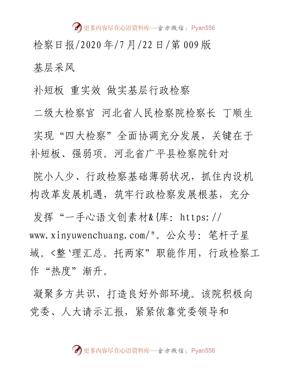 .07.22二级大检察官河北省人民检察院检察长丁顺生：补短板重实效做实基层行政检察.docx_第1页