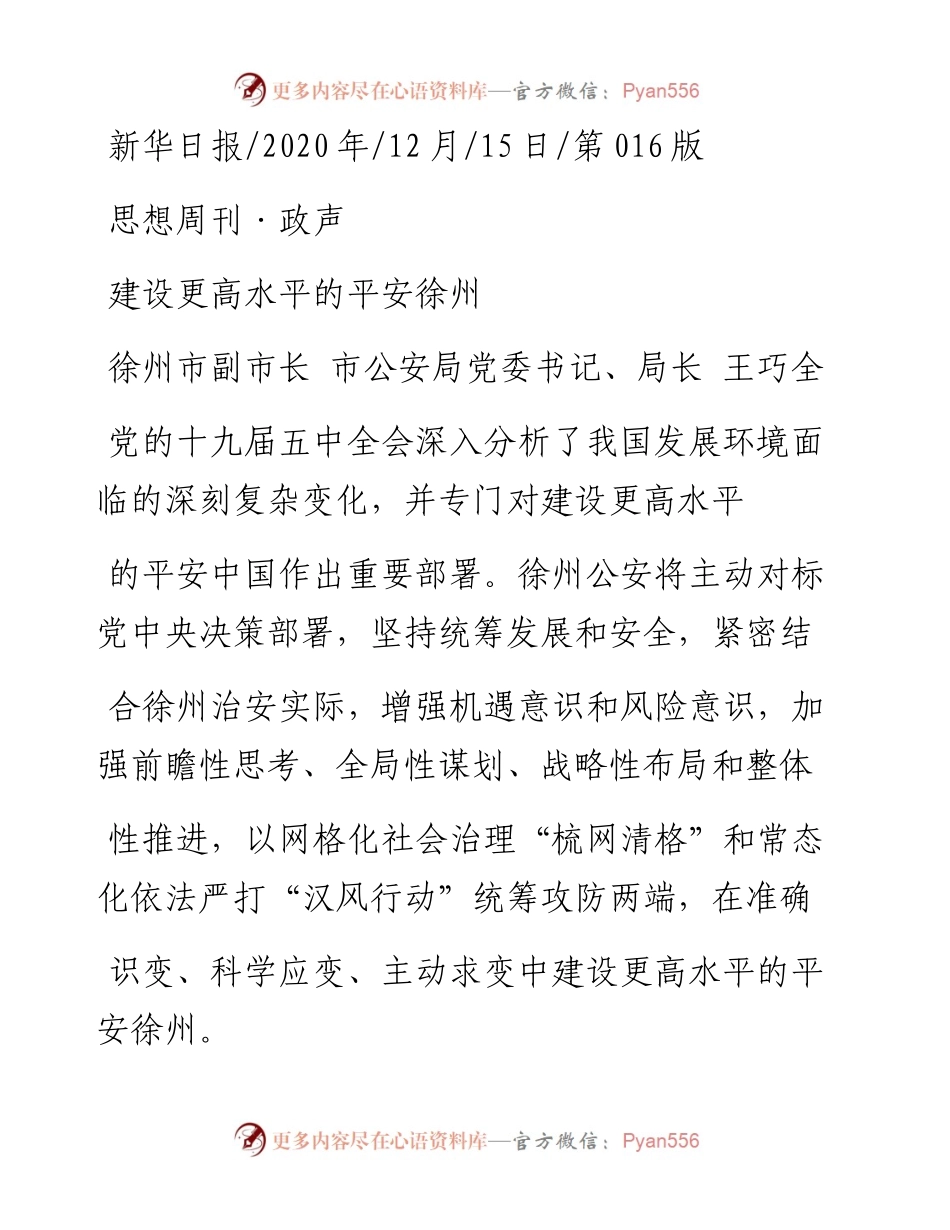 .12.15徐州市副市长市公安局党委书记、局长王巧全：建设更高水平的平安徐州.docx_第1页