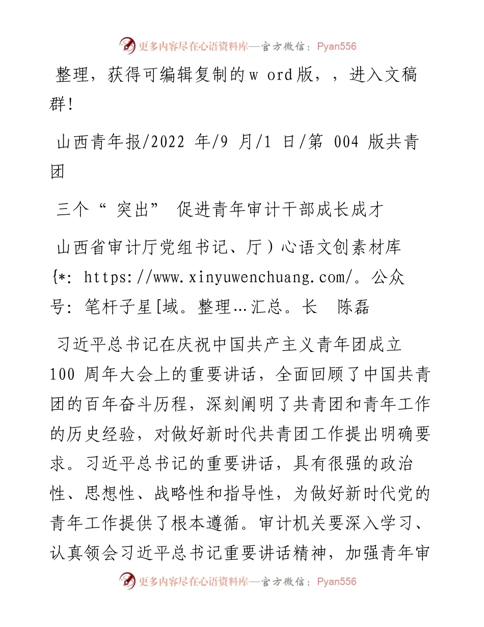 .09.01山西省审计厅党组书记、厅长陈磊：三个突出促进青年审计干部成长成才.docx_第1页
