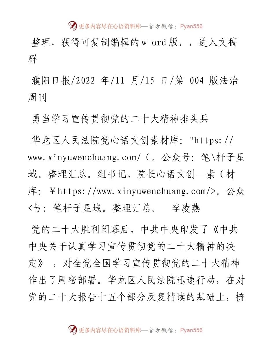 .11.15华龙区人民法院党组书记、院长李凌燕：勇当学习宣传贯彻党的二十大精神排头兵.docx_第1页