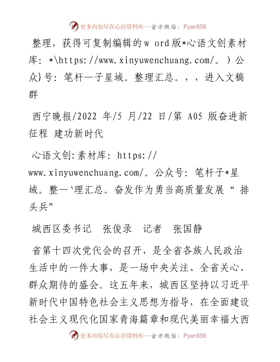 .05.22城西区委书记张俊录记者张国静：奋发作为勇当高质量发展排头兵.docx_第1页