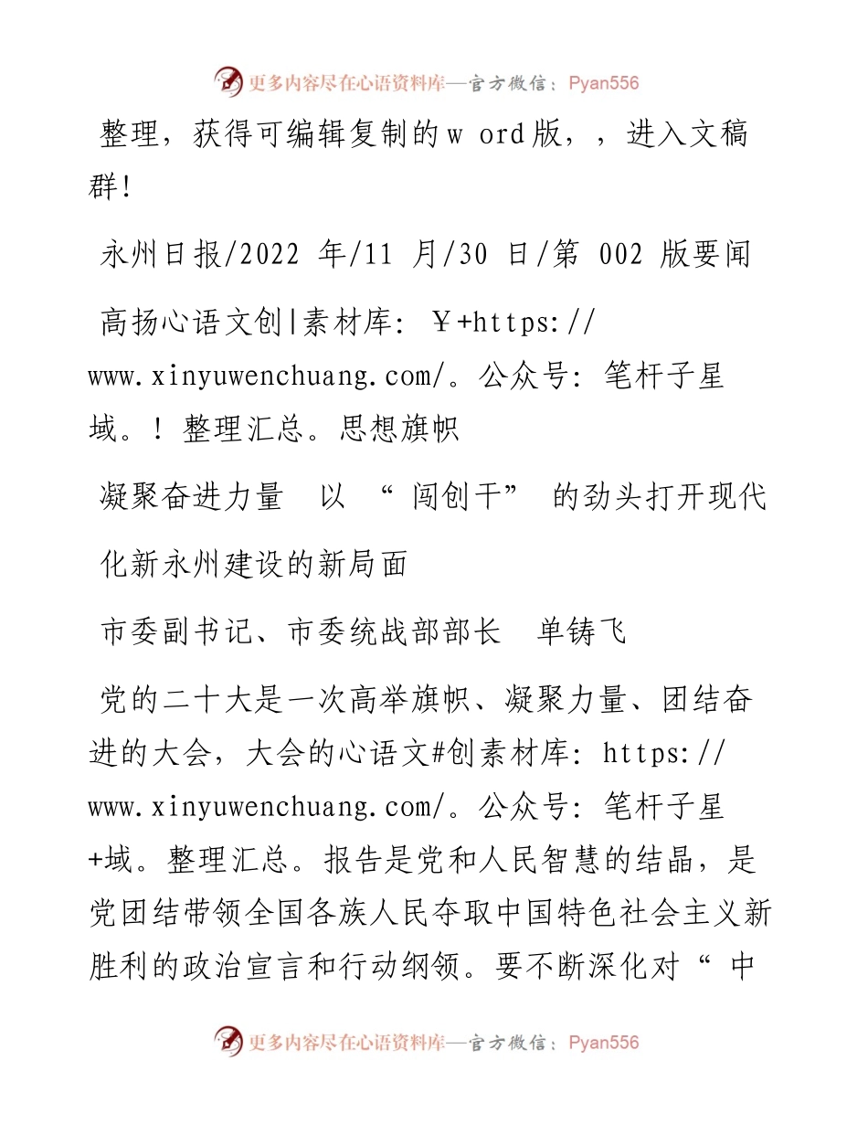 .11.30市委统战部部长：高扬思想旗帜凝聚奋进力量以闯创干的劲头打开现代化新永州建设的新局面.docx_第1页