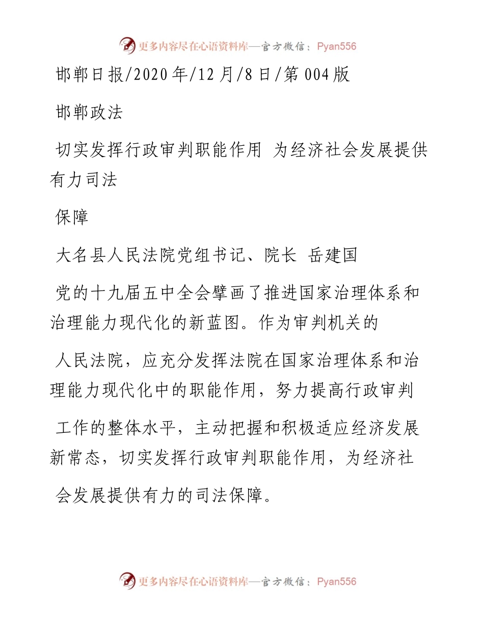 .12.08大名县人民法院党组书记、院长岳建国：切实发挥行政审判职能作用为经济社会发展提供有力司法保障.docx_第1页