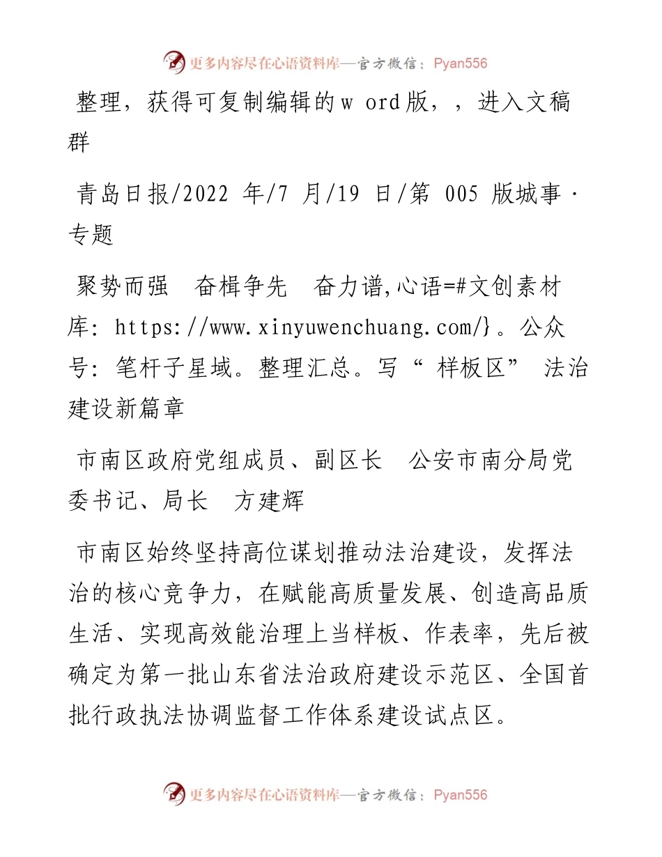 .07.19副区长公安市南分局党委书记、局长方建辉：聚势而强奋楫争先奋力谱写样板区法治建设新篇章.docx_第1页