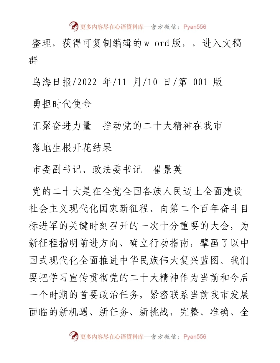 .11.10市委副书记、政法委书记崔景英：勇担时代使命汇聚奋进力量推动党的二十大精神在我市落地生根开花结果.docx_第1页