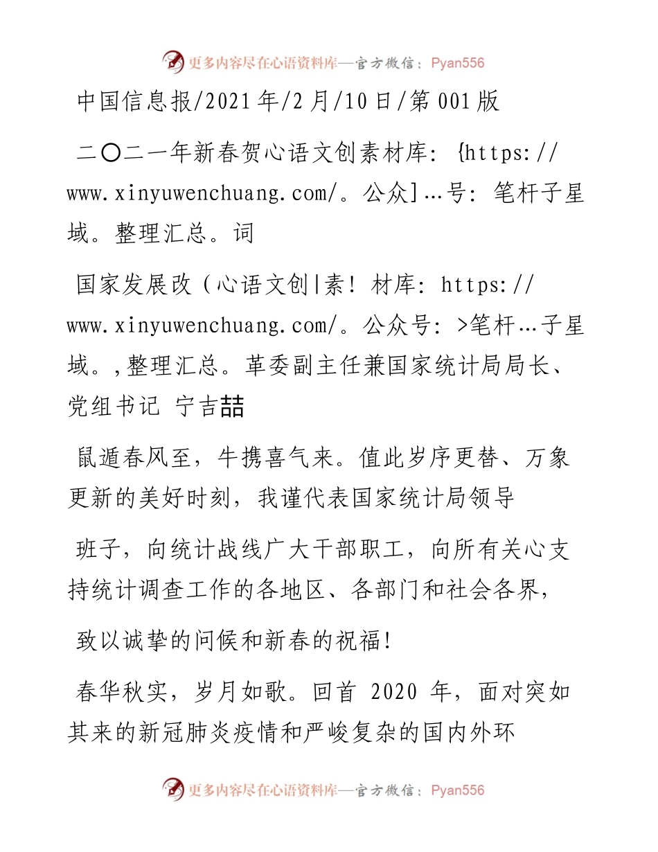 .02.10国家发展改革委副主任兼国家统计局局长、党组书记宁吉喆：二〇二一年新春贺词——如椽巨笔1公众号整理.docx_第1页