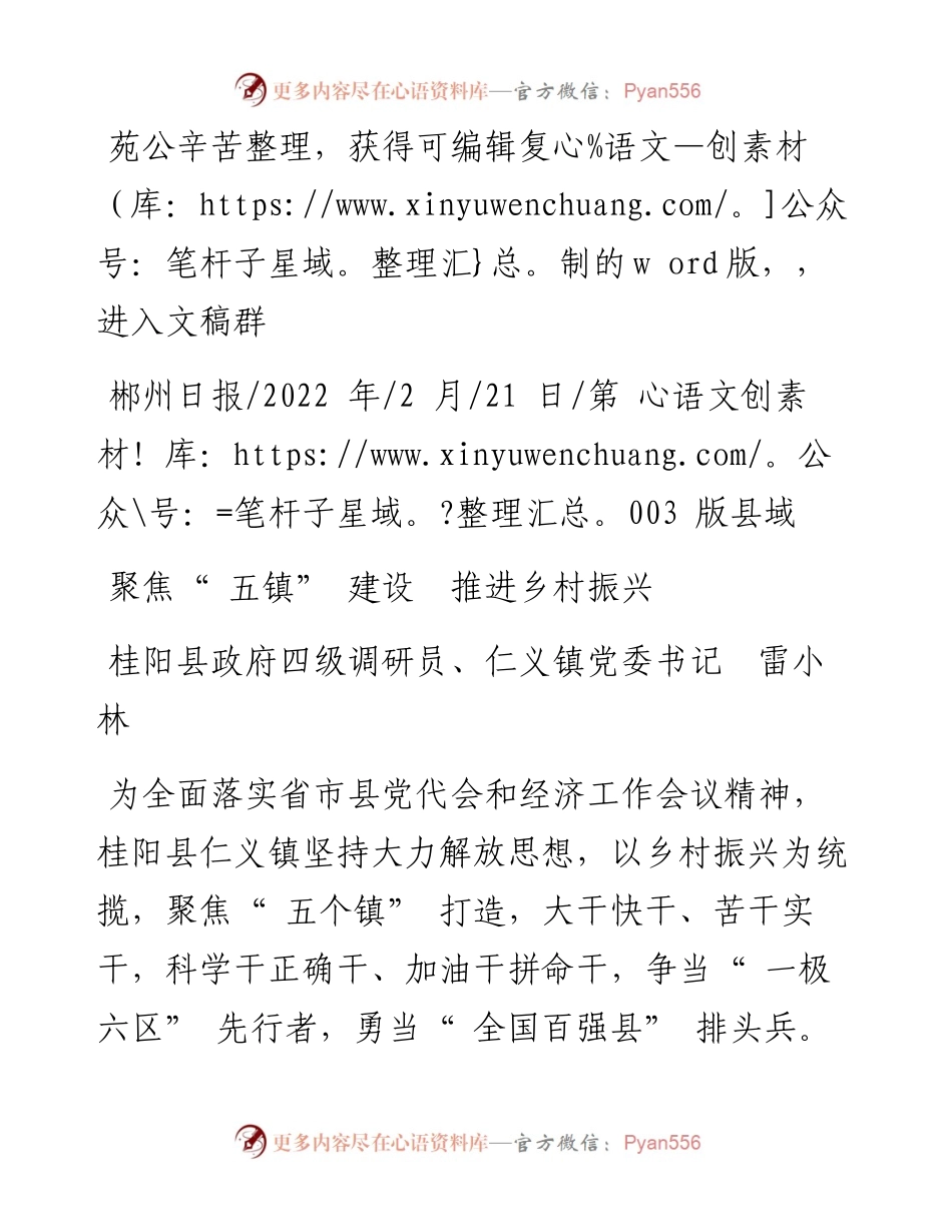 .02.21桂阳县政府四级调研员、仁义镇党委书记雷小林：聚焦五镇建设推进乡村振兴.docx_第1页