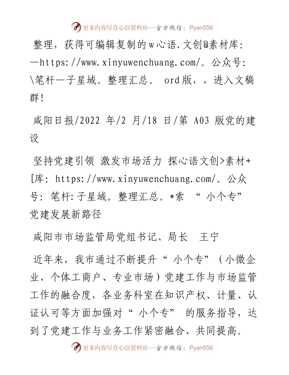 .02.18咸阳市市场监管局局长王宁：坚持党建引领激发市场活力探索小个专党建发展新路径.docx_第1页