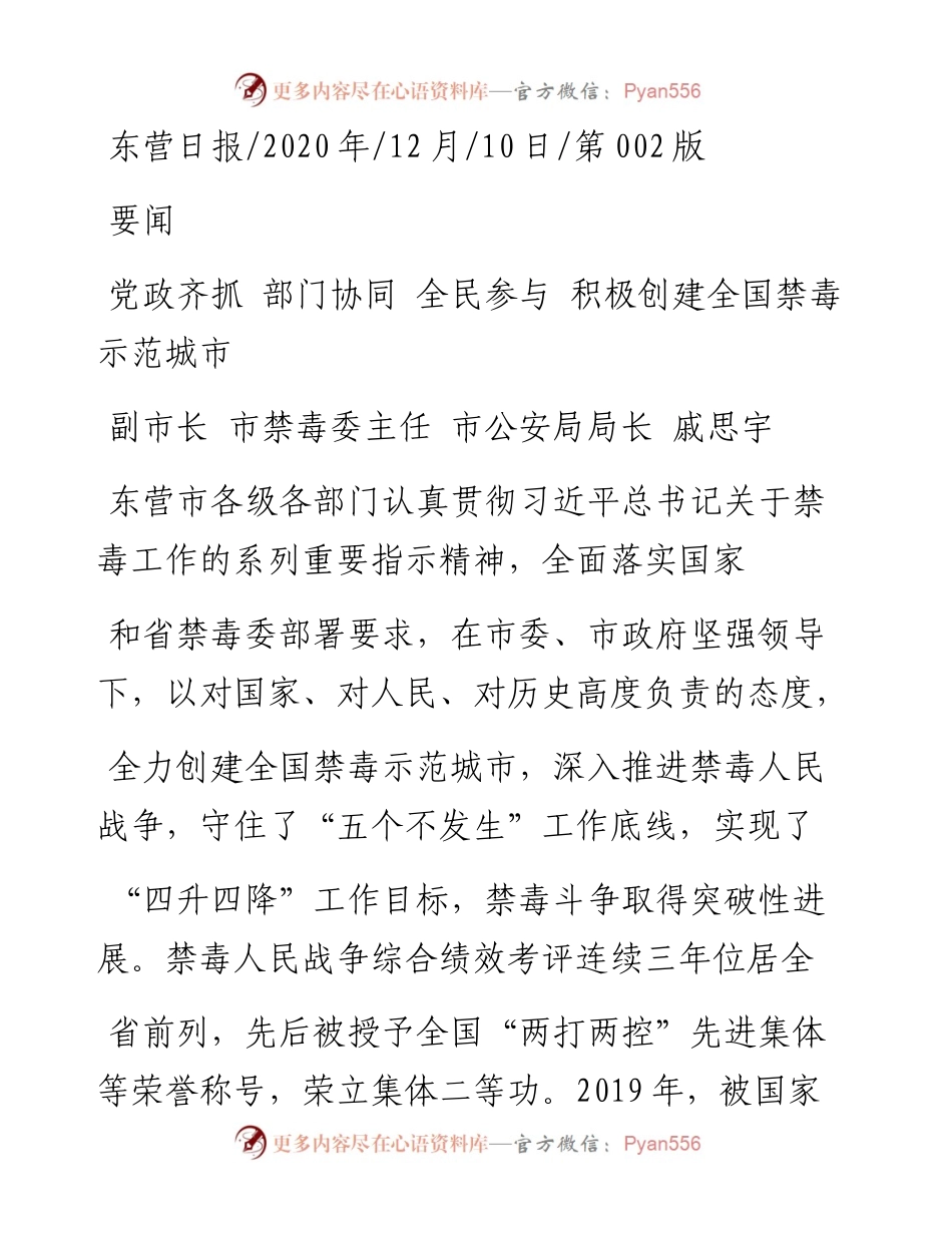 .12.10副市长市禁毒委主任市公安局局长戚思宇：党政齐抓部门协同全民参与积极创建全国禁毒示范城市.docx_第1页