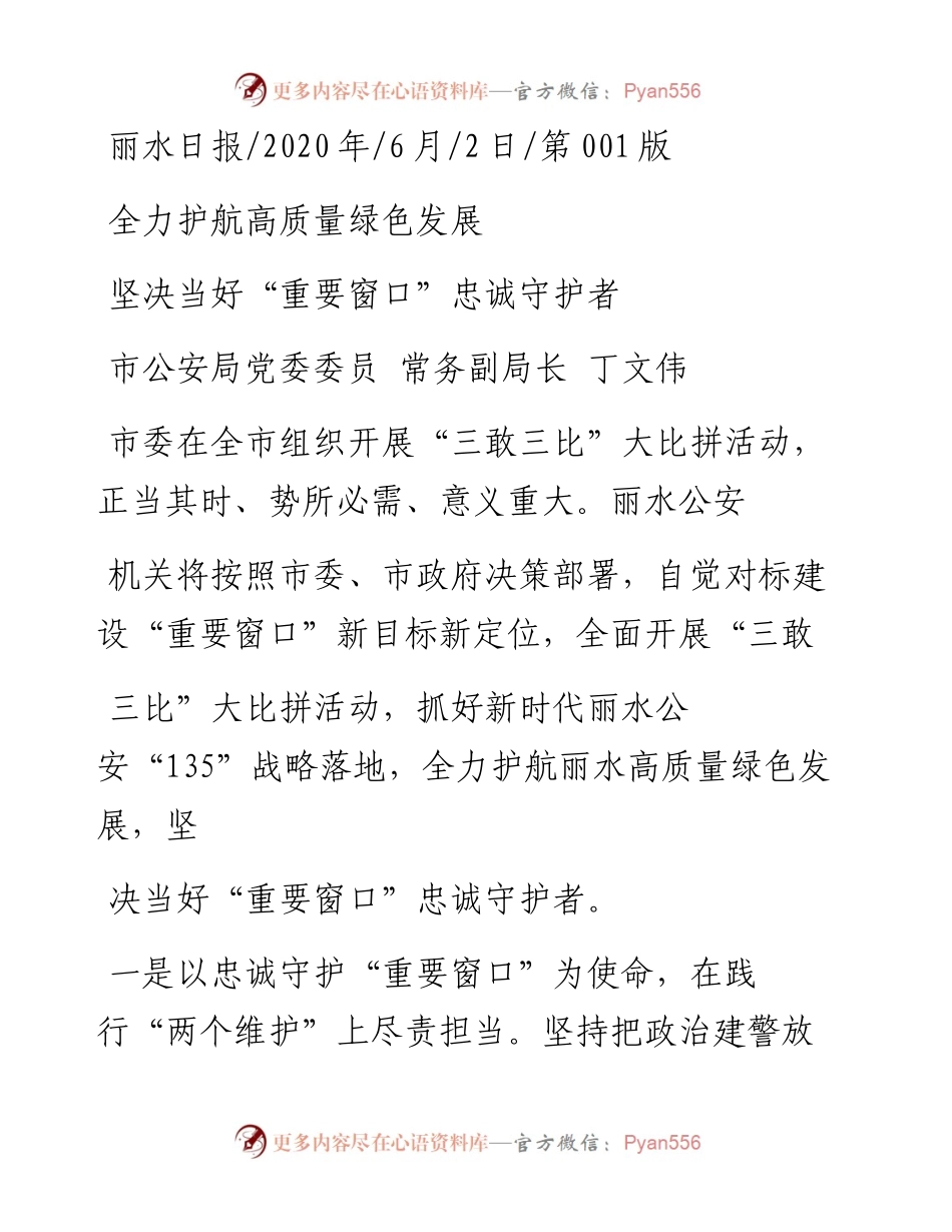 .06.02市公安局党委委员常务副局长丁文伟：坚决当好重要窗口忠诚守护者.docx_第1页