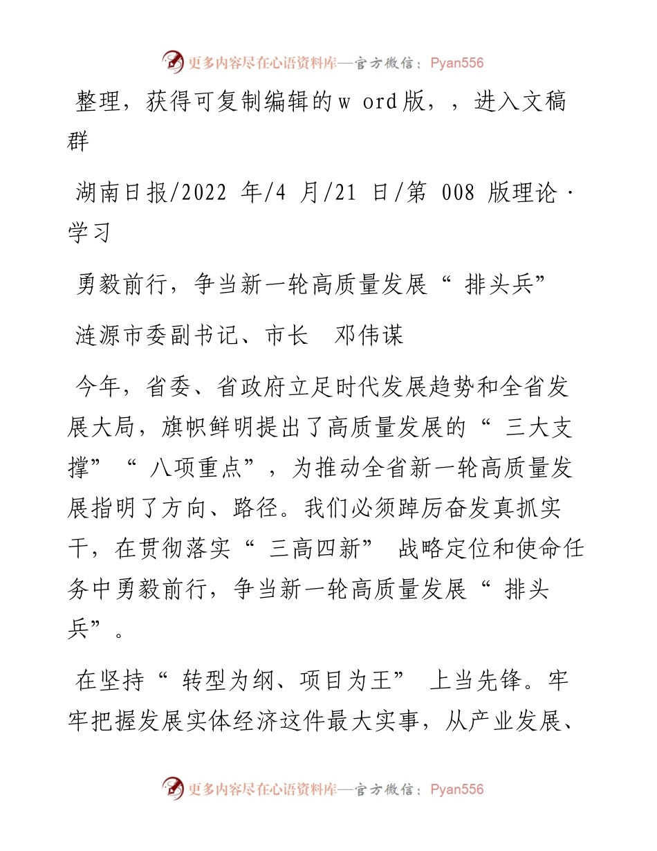 .04.21涟源市委副书记、市长邓伟谋：勇毅前行，争当新一轮高质量发展排头兵.docx_第1页