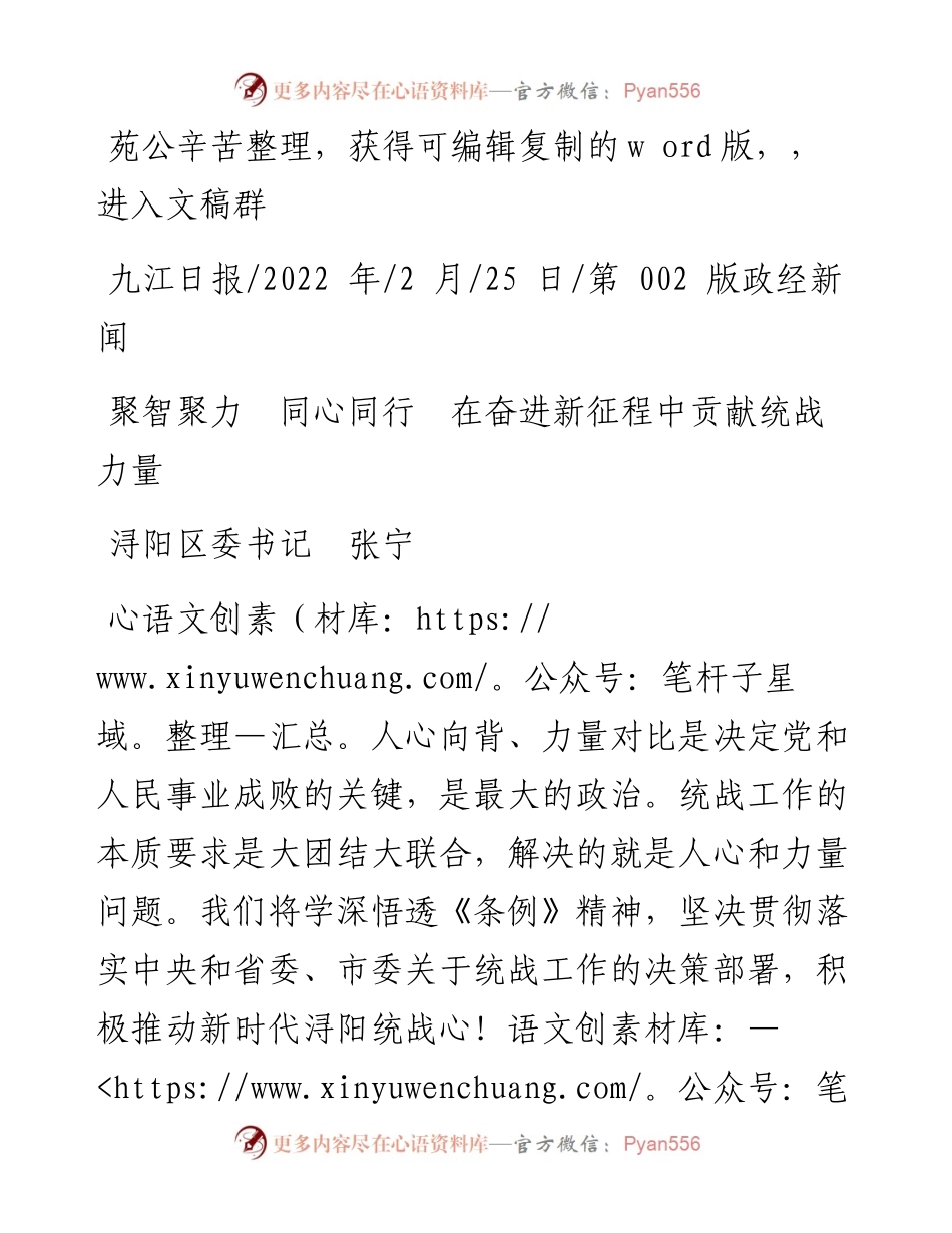 .02.25浔阳区委书记张宁：聚智聚力同心同行在奋进新征程中贡献统战力量——笔苑公众号辛苦.docx_第1页