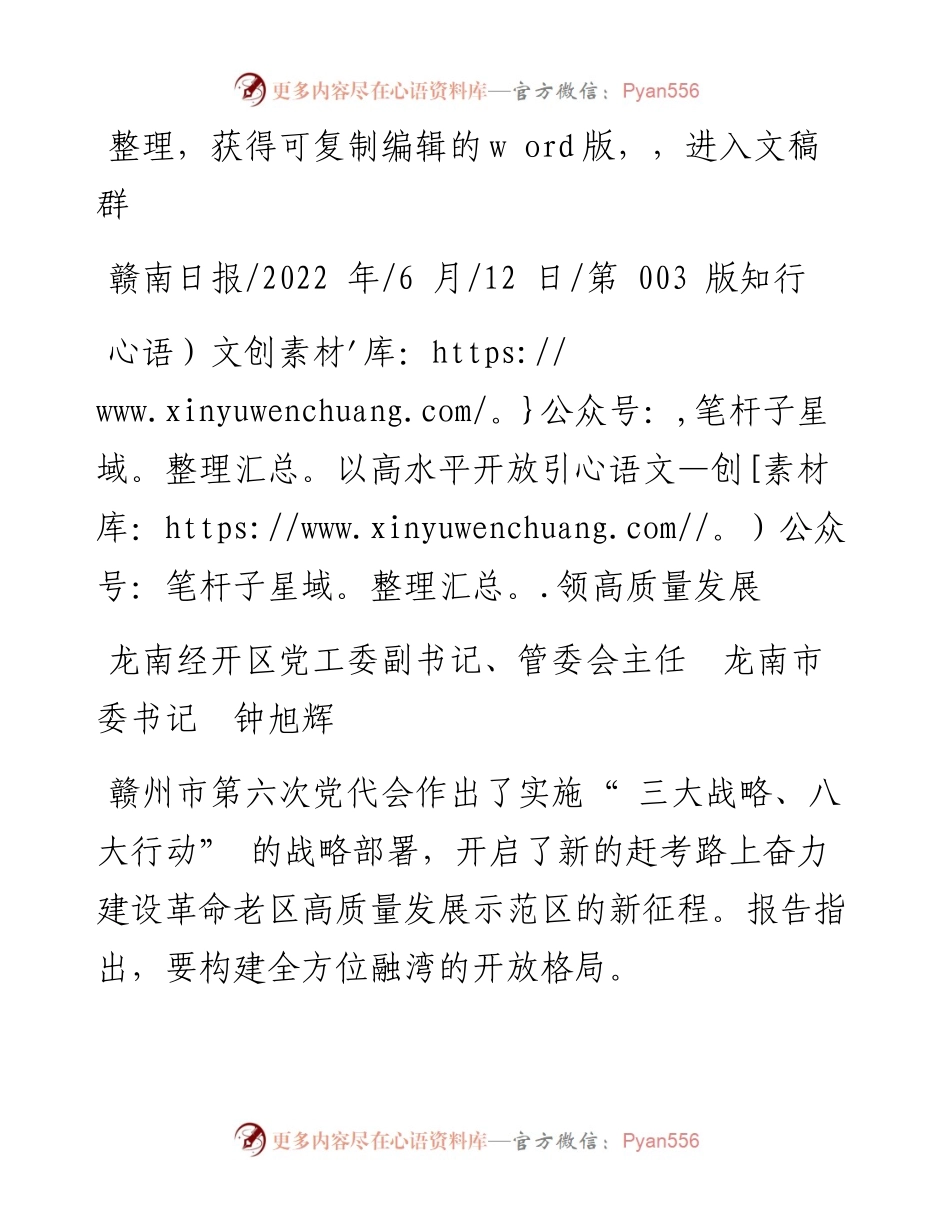 .06.12龙南经开区党工委副书记、管委会主任龙南市委书记钟旭辉：以高水平开放引领高质量发展.docx_第1页